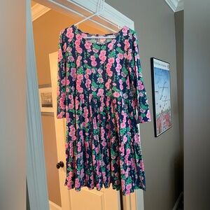 Floral Kids Dress - Pink and Green on Blue